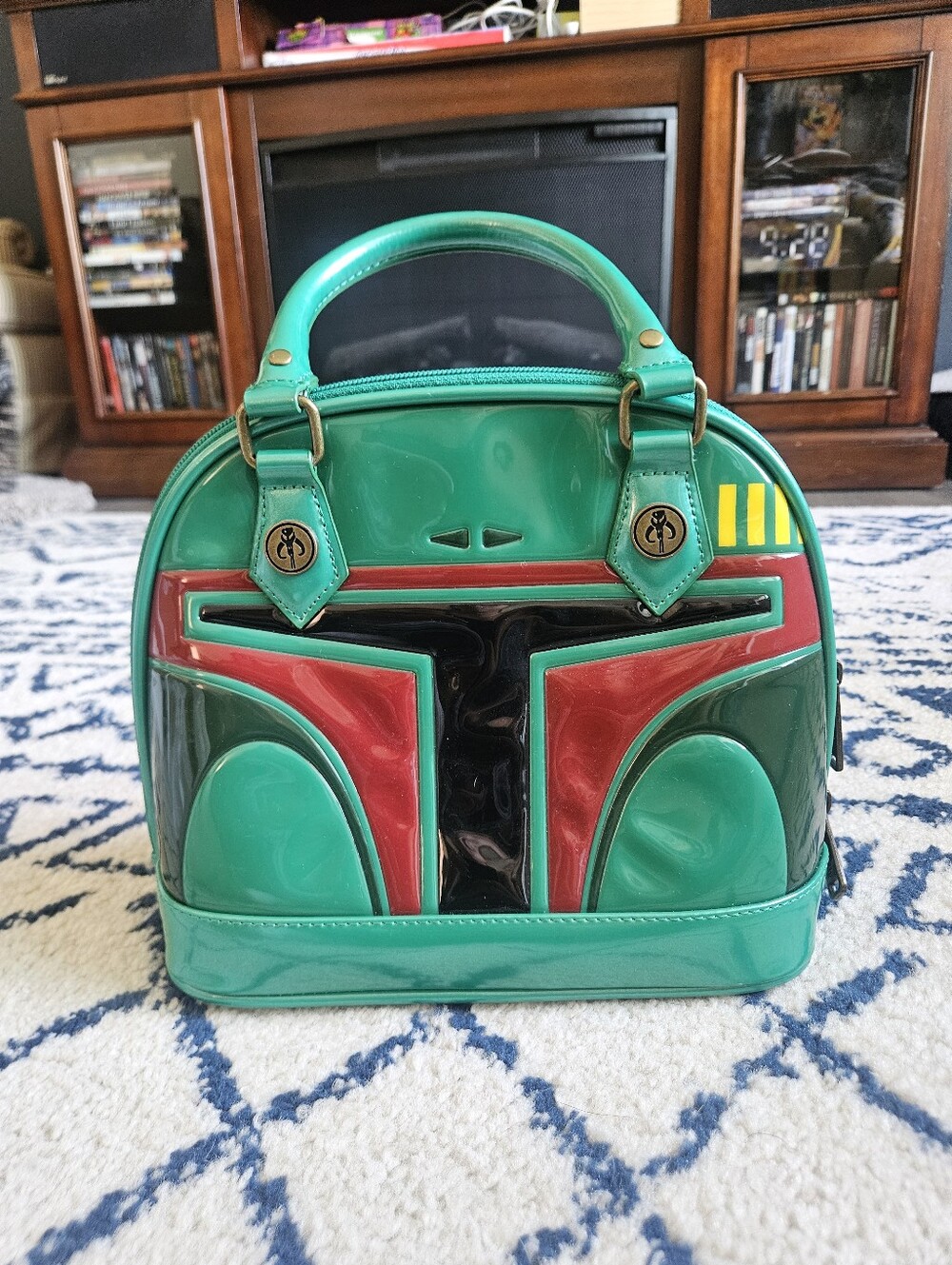 LOUNGEFLY Boba Fett Helmet Patent Leather Satchel - Teal & Red